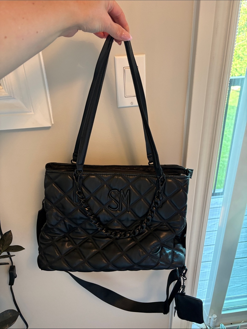 Steve Madden Black Quilted Leather Shoulder Bag with Chain Strap